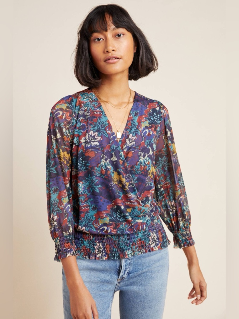Anthropologie Ines Smocked Surplice Top Women's Size Medium Boho Flowy